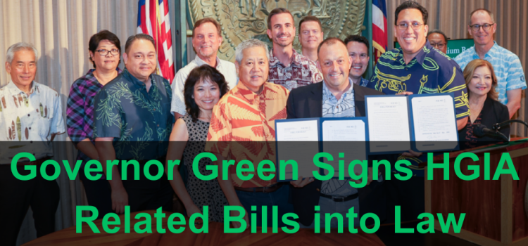 Picture of bill signing attendees with text "Governor Green Signs HGIA Related Bills into Law"
