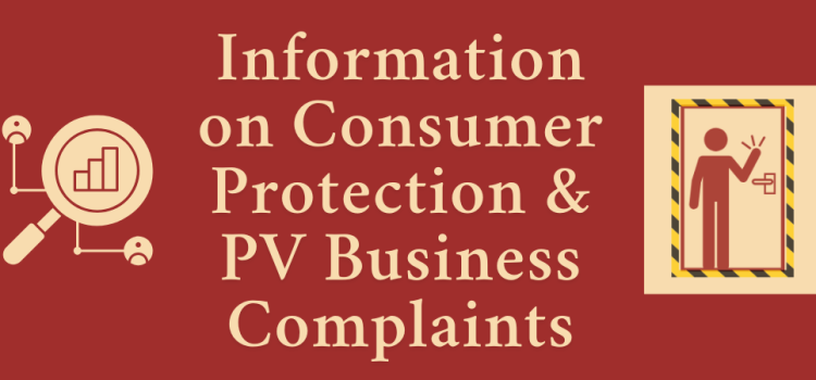 Information on Consumer Protection and PV Business Complaints with a graphic of a magnifying glass and figure knocking on a door