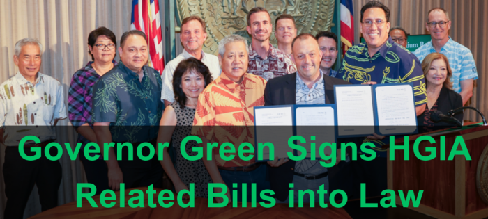 Picture of bill signing attendees with text "Governor Green Signs HGIA Related Bills into Law"